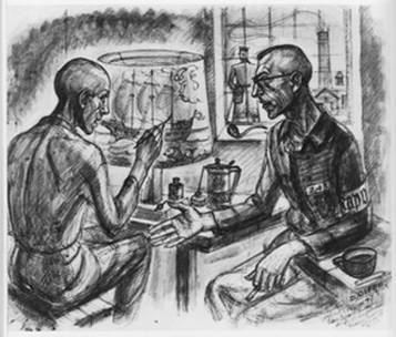 David Olère draws a marine on a lampshade and the man talking to him, on the right, is the Kapo August Brück, whom he writes on the corner of the drawing that he was a former German sailor