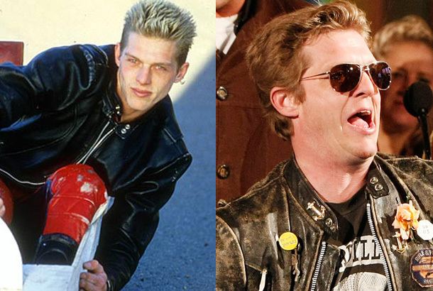 On the left, David Rainey wearing a black leather jacket while on the right, his mouth is open while wearing sunglasses, a jacket, and a t-shirt
