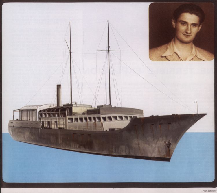 David Stoliar Model of the Struma with an overlay photo of Struma survivor David