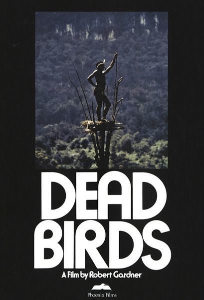 Movie poster of Dead Birds, a 1963 American documentary film by Robert Gardner featuring a man standing in a high place.