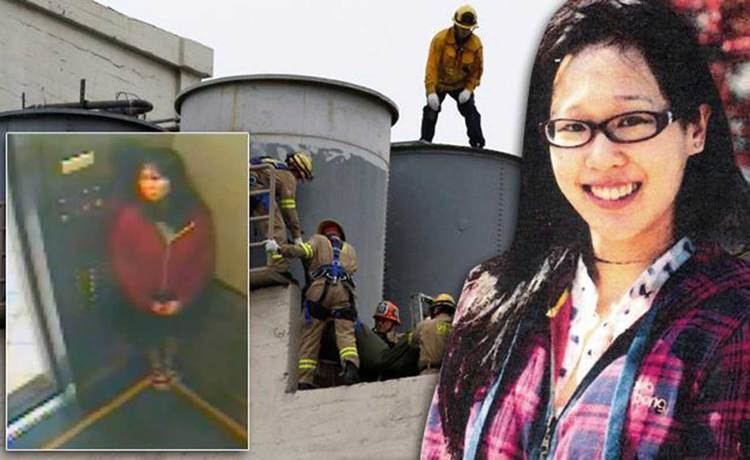On the left is Elisa standing inside the elevator. On the center are rescuers searching for Elisa's body through the water tanks. On the right is Elisa smiling and wearing a checkered jacket