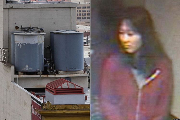On the left are large water tanks atop of a Hotel where Elisa Lam's body was found. On the right is Elisa caught on video footage while on the elevator