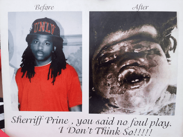 On the Left, Kendrick Johnson wearing a cap and t-shirt while on the right side is his dead body
