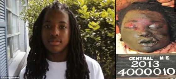 On the Left, Kendrick Johnson wearing a white shirt while on the right side is his dead body