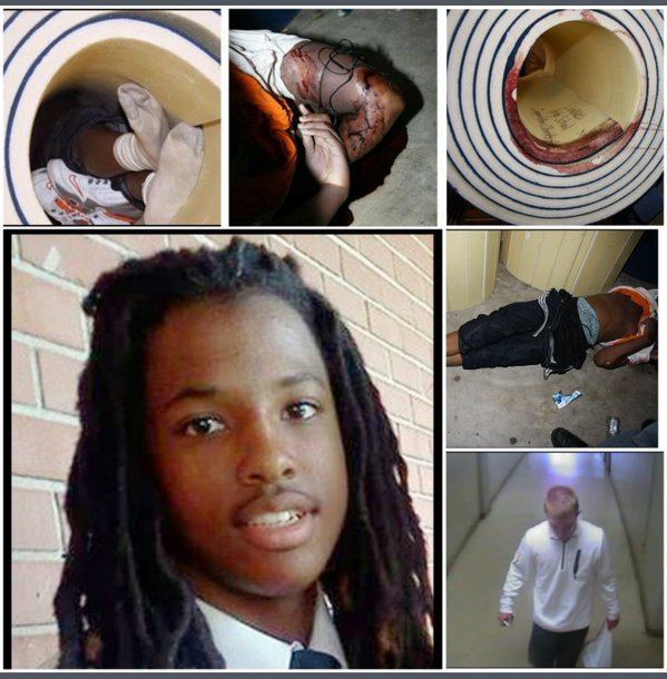 Photo collage of Kendrick Johnson when he was alive, his dead body and footage from surveillance tape