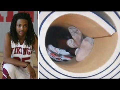 On the left side Kendrick Johnson wearing a basketball uniform while on the right side Kendrick Johnson's body was found in the center of a rolled up wrestling mat