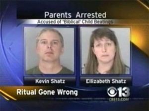 At the top is word written “Parents Arrested” “Accused of “Biblical” Child Beatings”On the left, Kevin Schatz is serious, has white hair wearing a black shirt, with his name below, on the right is Elizabeth Schatz, has long black hair wearing a checkered polo with her name below.At the bottom is a word written “Ritual Gone Wrong” at the right is the CBS13.com with the circular logo and number 13.