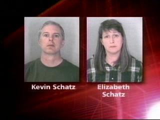 On the left, Kevin Schatz is serious, has white hair wearing a black shirt, with his name below, on the right is Elizabeth Schatz, has long black hair wearing a checkered polo with her name below.