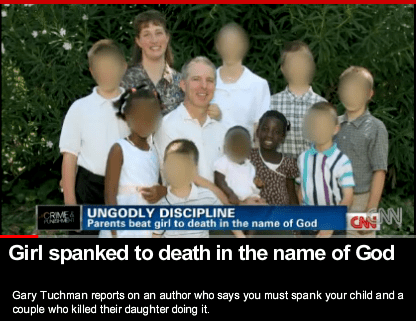 In a CNN news, Shartz Family, at the back, from left a kid standing wearing a white polo and black pants, 2nd from left is Elizabeth Shartz is smiling standing has brown hair, wearing a printed polo, 3rd from left, a person standing, wearing a white shirt, 4th from left a boy, standing has brown hair, wearing a checkered polo, at the right is a boy standing, has brown hair wearing a gray shirt and brown pants, in front from left, a girl, standing, wearing a white dress, 2nd from left, is Kevin Shartz, sitting, has white hair, wearing a white polo shirt, 3rd from left, a boy sitting has black hair wearing a white polo, 4th from left is a baby, has black hair, wearing a white shirt, 5th from left Lydia Schatz is smiling, standing, has black hair wearing a animal printed shirt, at the right is a boy standing, has brown hair wearing a striped white polo shirt, at the bottom a word written “ UNGODLY DISCIPLINE” “Parents beat girl to death in the name of god” “Girl spanked to death in the name of God” “Gary Tuchman reports on an author who says you must spank your child and a couple who killed their daughter doing it”