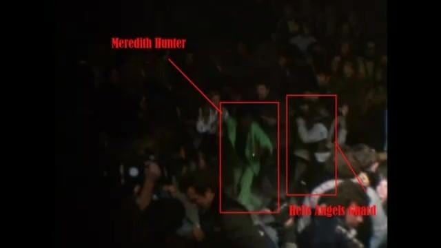 Footage featuring Meredith Hunter and Hells Angels Security during the chaos in the concert.