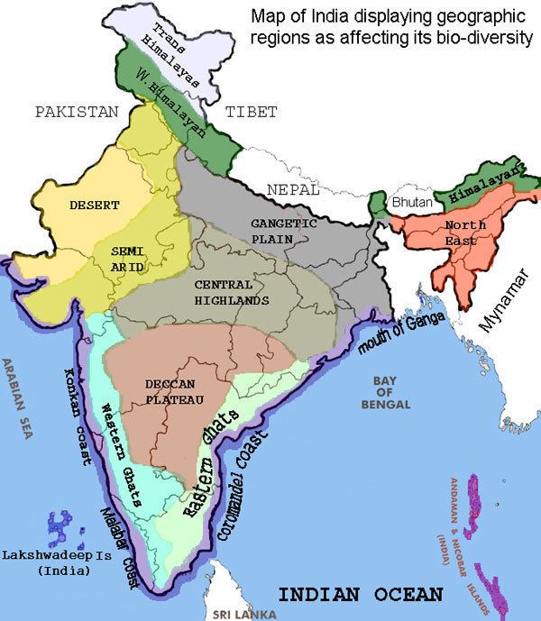 A map showing the different geographical regions of India and where the Deccan Plateau is located.