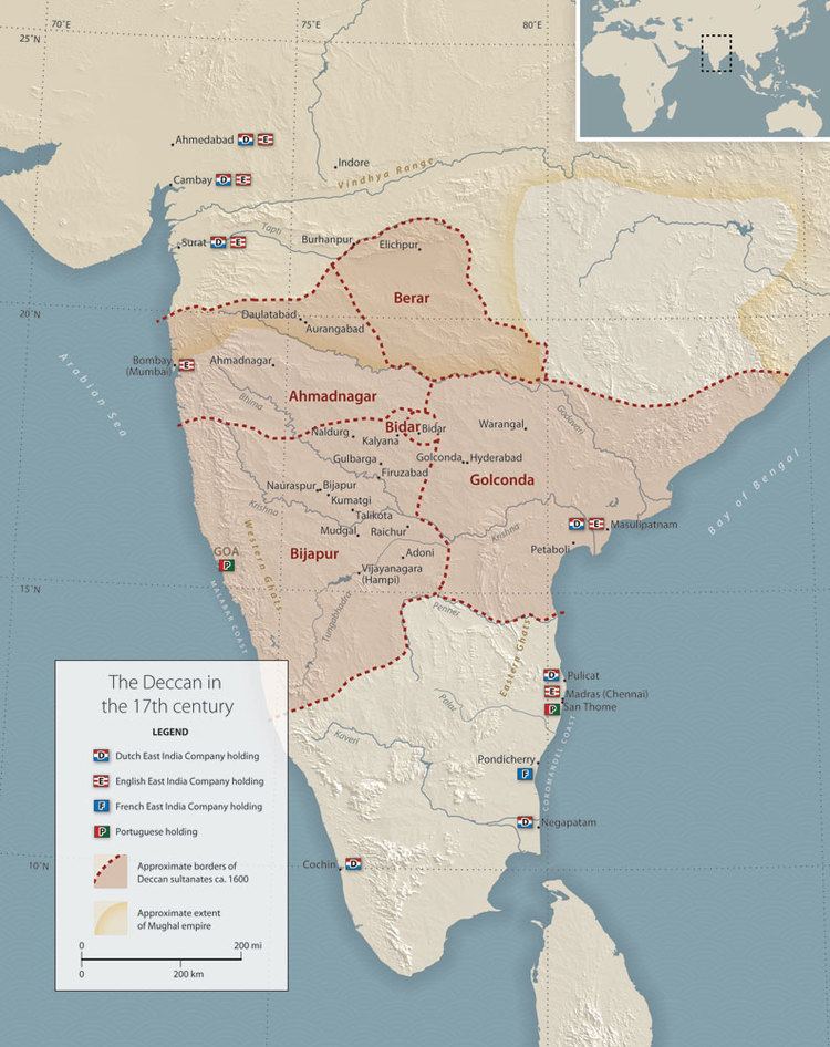 The places ruled by the Deccan Sultanates during the 17th Century which shows the boundaries of their territory.