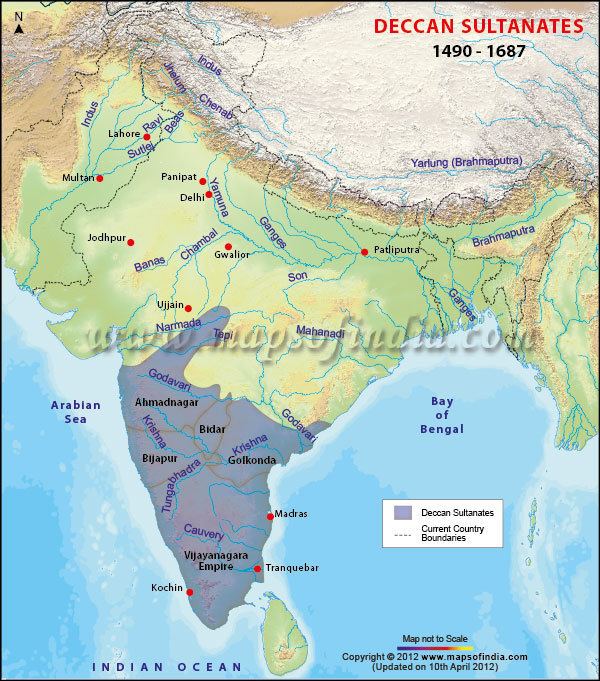 A map of the Deccan Plateau showing the places ruled by the Deccan sultanates from the 1490-1687 which also shows the Bay of Bengal.