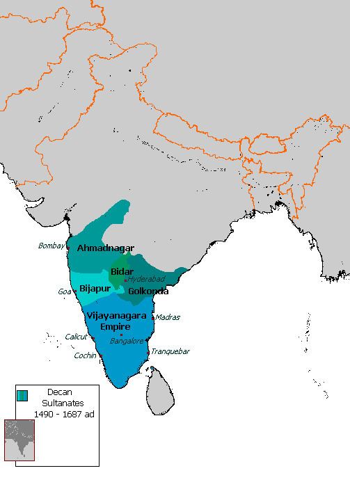 A map of the Deccan Plateau showing the places ruled by the Deccan sultanates from the 1490-1687.