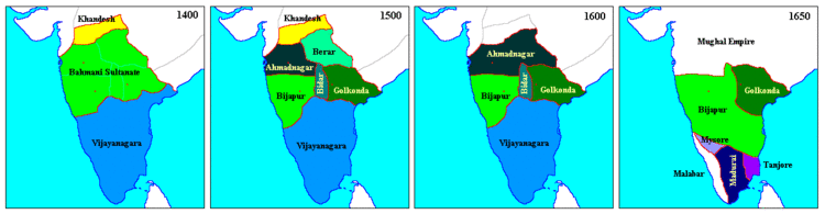 A diagram showing the changes in the rule of the Deccan Sultanates from 1400 to 1600.