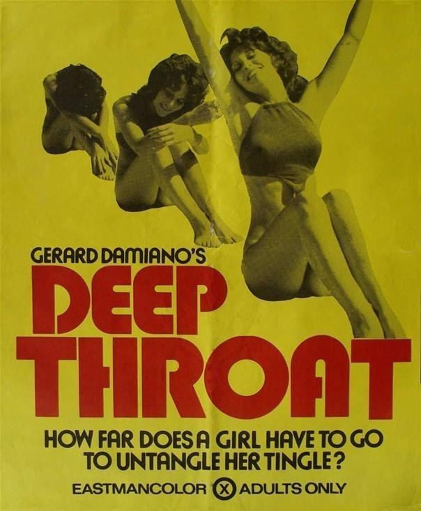 The theatrical release poster of the 1972 American pornographic film  "Deep Throat". Linda Boreman sitting on the floor with her head down and knees up  (left), slowly turning up her head (center), and smiling while raising her arms (right) and wearing a halter top