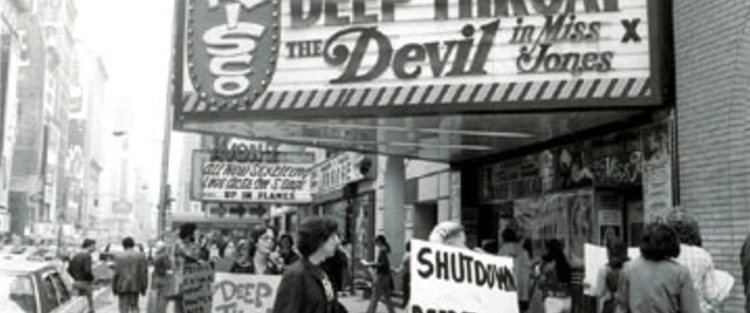 Protesters march outside the San Francisco theater during the screening of "Deep Throat," the 1972 adult film