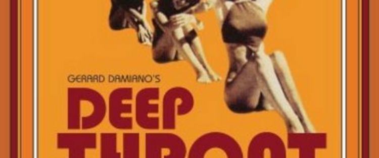 The movie poster of the 1972 American pornographic film  "Deep Throat". Linda Boreman sitting on the floor with her head down and knees up  (left), slowly turning up her head (center), and smiling while raising her arms (right) and wearing a halter top