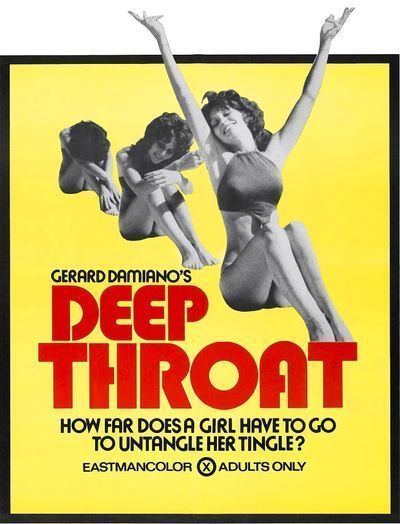 The theatrical release poster of the 1972 American pornographic film  "Deep Throat". Linda Boreman sitting on the floor with her head down and knees up  (left), slowly turning up her head (center), and smiling while raising her arms (right) and wearing a halter top