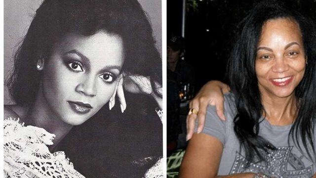On left, a younger Denise Gordy posing with her hand in her face. On right, Denise Gordy smiling and wearing a gray shirt.