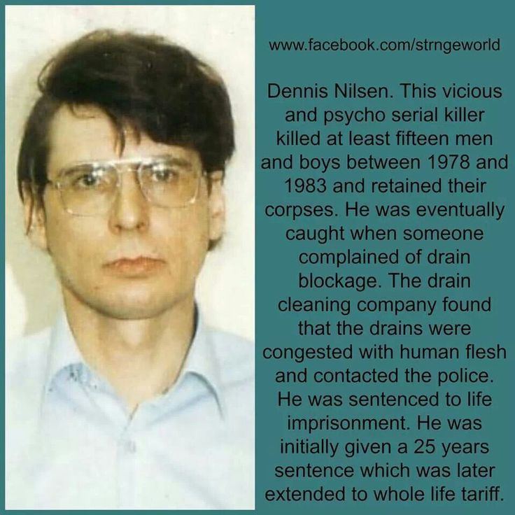 On the left, Dennis Nilsen mug shot while, on the right are some information about him