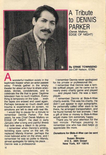 Dennis Parker A Tribute to DENNIS PARKER clipping THE EDGE OF NIGHT
