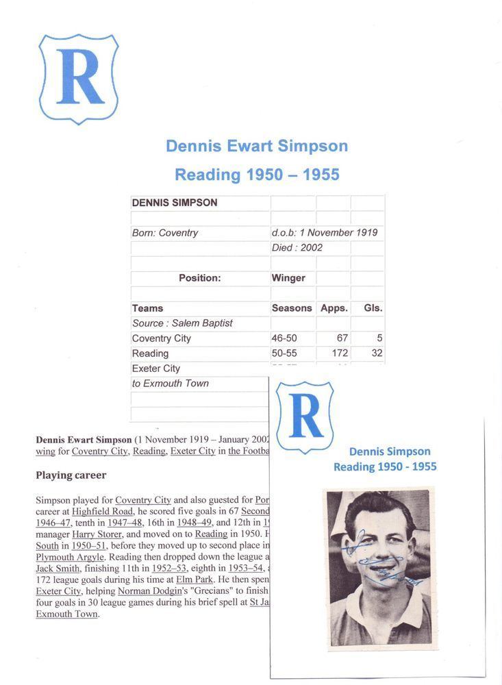 Dennis Simpson DENNIS SIMPSON READING 19501955 RARE ORIGINAL HAND SIGNED PICTURE