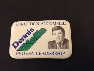 Dennis Welin 1991 pin issued by former Timmins mayor Dennis Welin art