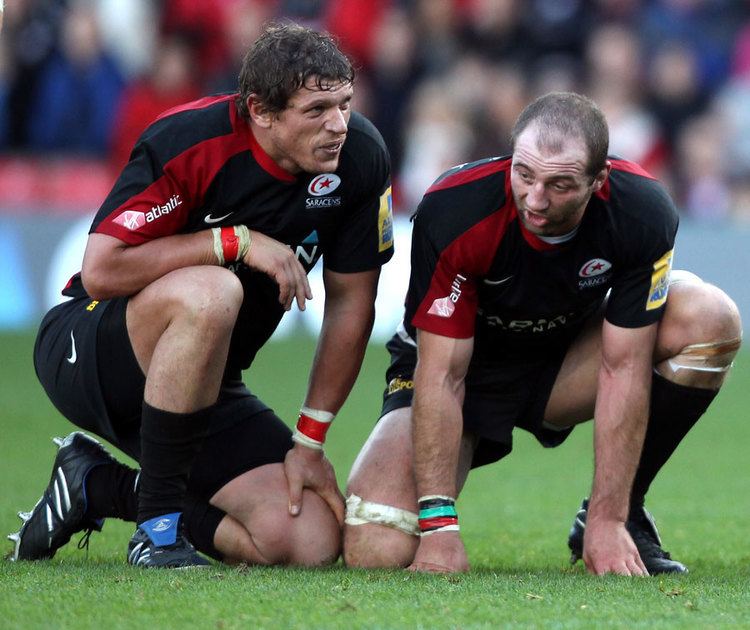 Deon Carstens Saracens duo Deon Carstens and Steve Borthwick take a breather