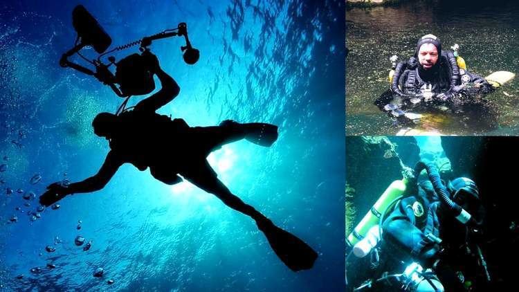 On the left, a scuba diver. On the upper right, Deon Dreyer wearing a diving suit, and on the lower right, David Shaw discovered Dreyer's body in the cave.