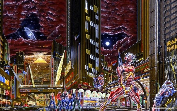 "Somewhere in Time" poster by Derek Riggs, the sixth studio album by English heavy metal band Iron Maiden.