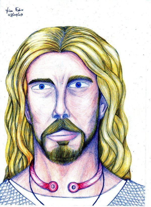 An illustration of Derfel Cadarn with yellow hair, a beard, a mustache, and wearing a red necklace.