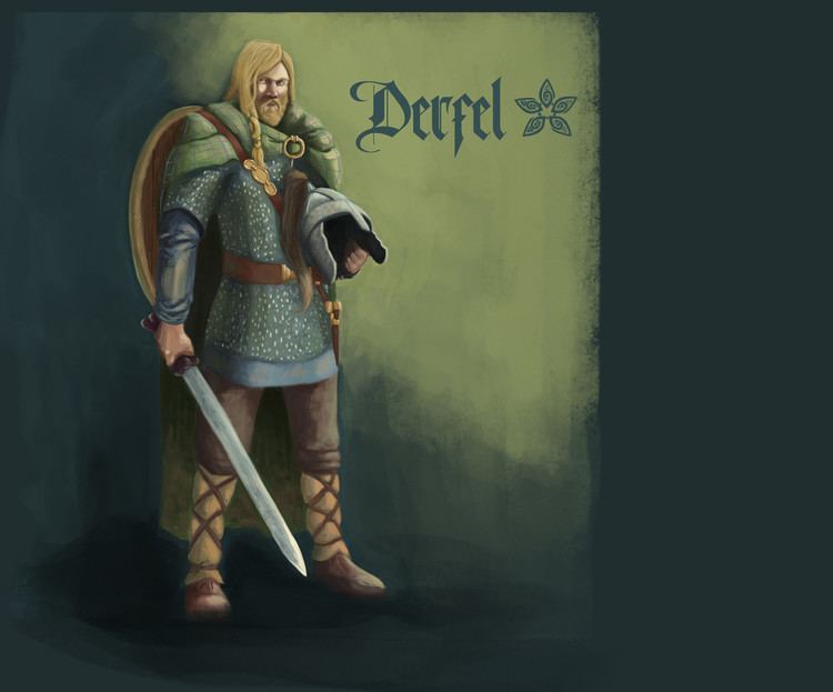 An illustration of Derfel Cadarn with yellow long hair while holding a sword and hat, wearing a green cape, a warrior's armor, and brown shoes.