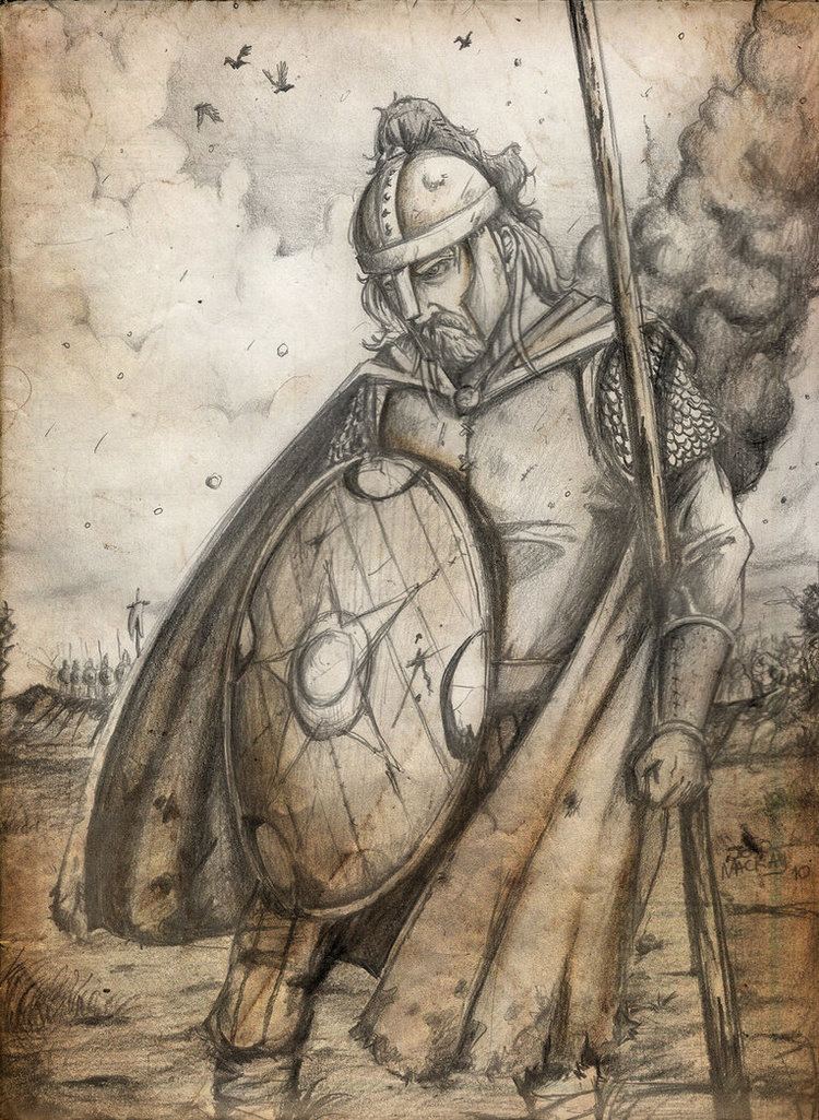 A sketch of Derfel Cadarn from Bernard Cornwell's "The Warlord Chronicles" wearing a warrior's armor, with cape and shield.