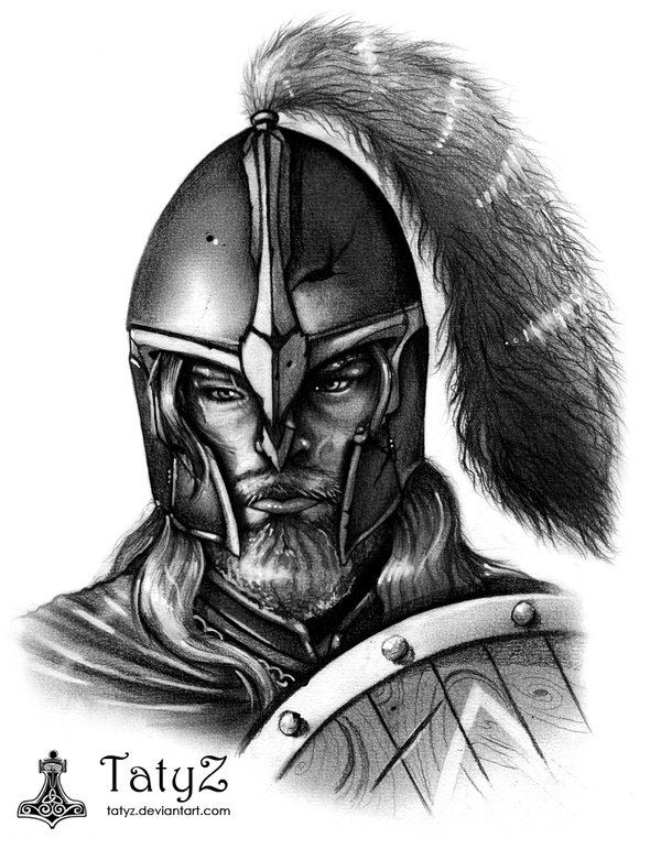 An illustration of Derfel Cadarn with a fierce look, long hair, and wearing a warrior's armor with hat and shield.