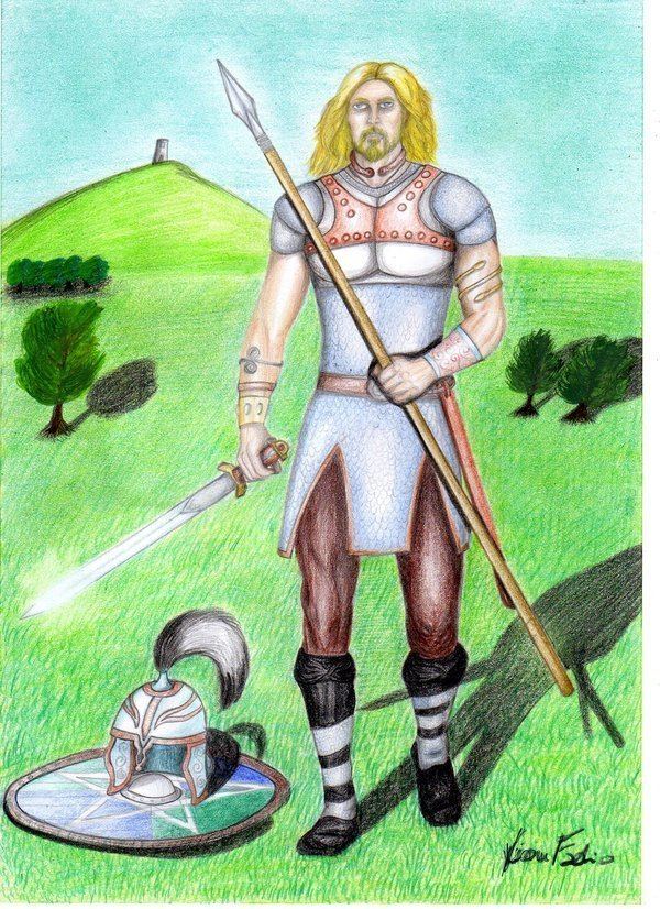 An illustration of Derfel Cadarn with yellow hair while holding a sword and spear, and wearing a warrior's armor and black boots.