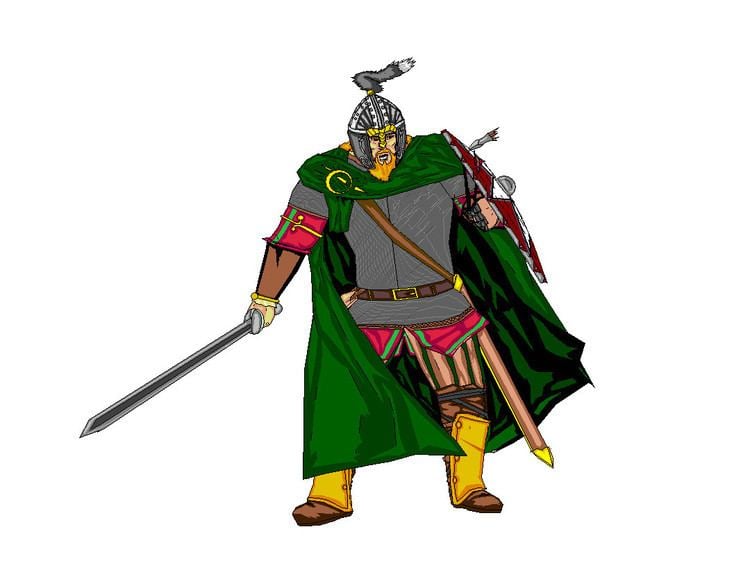 Derfel Cadarn, a fictional character and the protagonist in The Warlord Chronicles by Bernard Cornwell, wearing warrior's armor with a green cape and holding a sword.