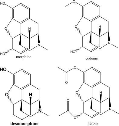 Structures of morphine, desomorphine, codeine, and heroin