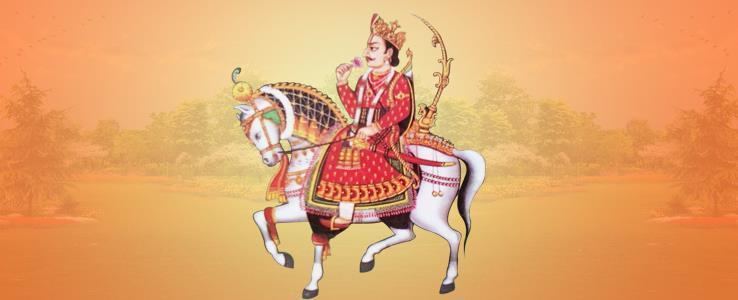 Devnarayan as illustrated in Indian folklore riding an armored white horse and wearing a red and golden garment.
