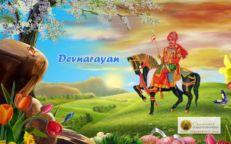 Devnarayan featured in an Indian website riding his a black horse in a field, holding a spear and wearing a red and golden garment.