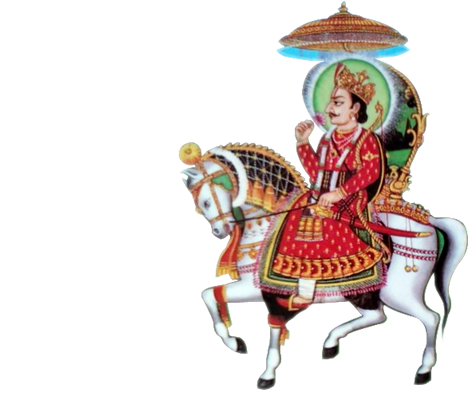 Devnarayan as illustrated in Indian folklore riding his armored white horse and wearing a red and golden garment.