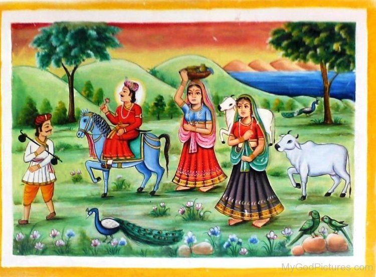 Devnarayan depicted as riding a horse along a field with some farmers and animals.