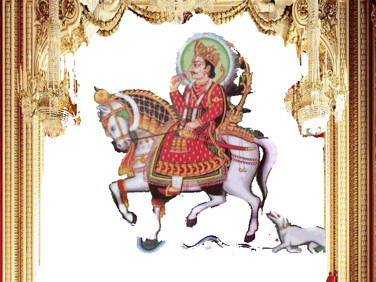 Devnarayan as illustrated in Indian folklore riding an armored white horse and wearing a red and golden garment in between some golden pillars.