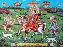 Devnarayan featured in an artwork riding his horse in a field alongside other Indian deities.