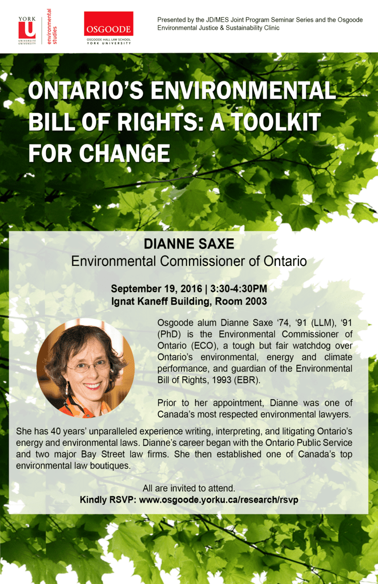 Dianne Saxe Environmental Commissioner of Ontario Dianne Saxe to speak at York