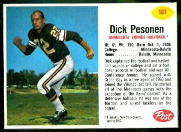 Dick Pesonen Dick Pesonen 1962 Post Cereal 181 Vintage Football Card Gallery