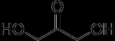 The structure of Dihydroxyacetone in a black background with a white line pointing down connected in each element from left to HO,O,OH.