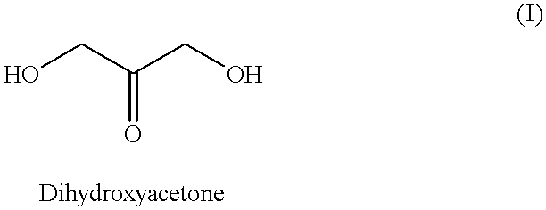 The structure of Dihydroxyacetone in a white background with a line pointing up connected in each element from left to HO,O,OH at the bottom is a word written “Dihydroxyacetone”