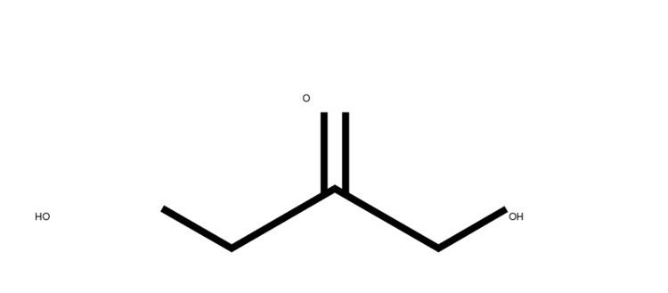 The structure of Dihydroxyacetone in a white background with a line connected in each element from left to HO,O,OH.