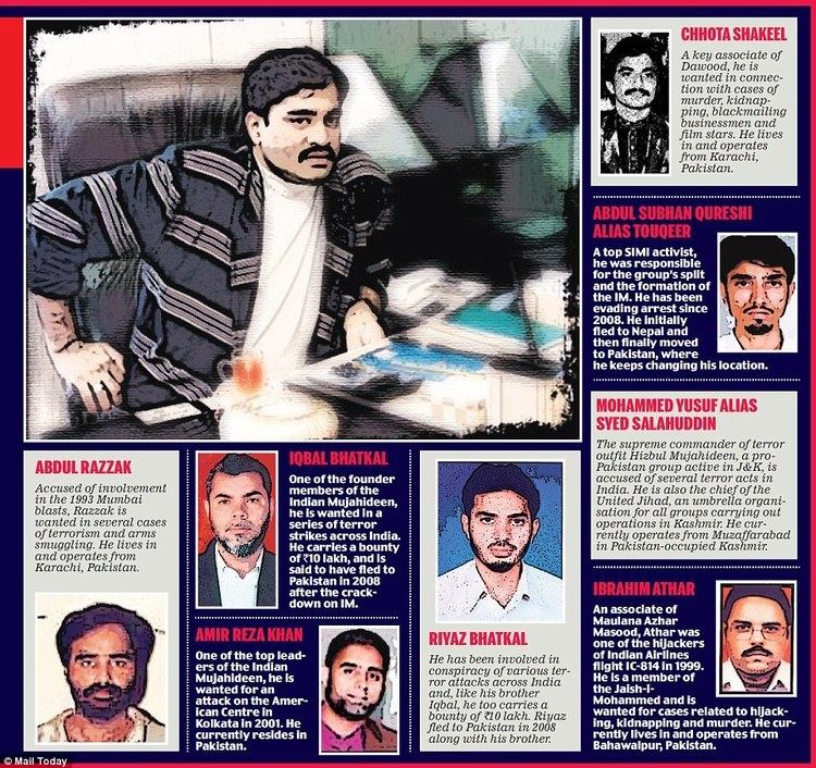 Poster of famous gangsters and terrorists in Central Mumbai featuring Dilip Kohak aka "Buwa", Chotta Rajan, Abdul Subhan Qureshi, Mohammed Yusuf, Abdul Razzak, Iqbal Bhatkal, Amir Reza Khan, Riyaz Bhatkal, and Ibrahim Athar.